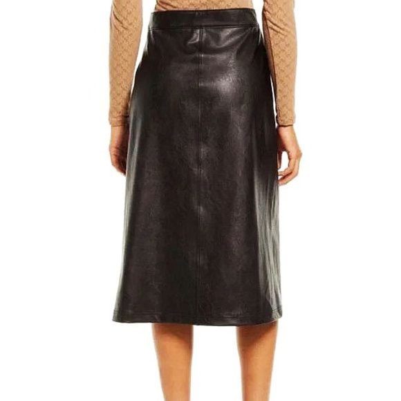 Spanx Leather-Like Midi Skirt Noir A-Line Shiny High-Waist Pencil Mid-Length S - Picture 2 of 12